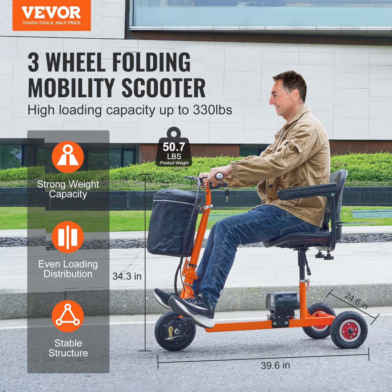 VEVOR Foldable 3 Wheel Mobility Scooter For Seniors, Portable Electric Powered Mobility Scooter With 12 Mile Long Range, All Terrain Travel Wheelchair With 48V Lithium-ion Battery, Max Support 330LBS