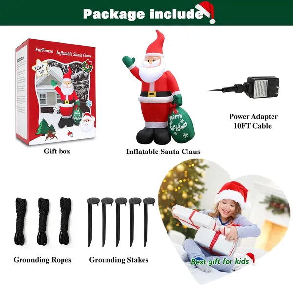 10 FT Christmas Inflatable Santa Claus Outdoor Decor For Yard, Giant Blow Up Santa Decoration With Big Gift Bag, Built-in LED Lights For Garden Lawn Home Indoor Winter Holiday Party