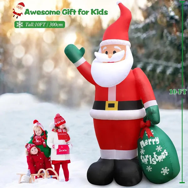 10 FT Christmas Inflatable Santa Claus Outdoor Decor For Yard, Giant Blow Up Santa Decoration With Big Gift Bag, Built-in LED Lights For Garden Lawn Home Indoor Winter Holiday Party